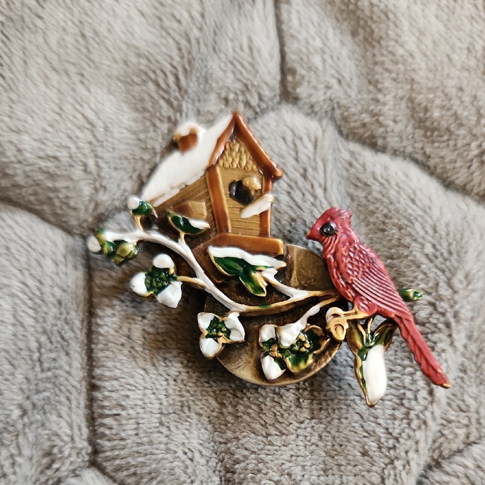 Charming Birdhouse Brooch with Red Cardinal